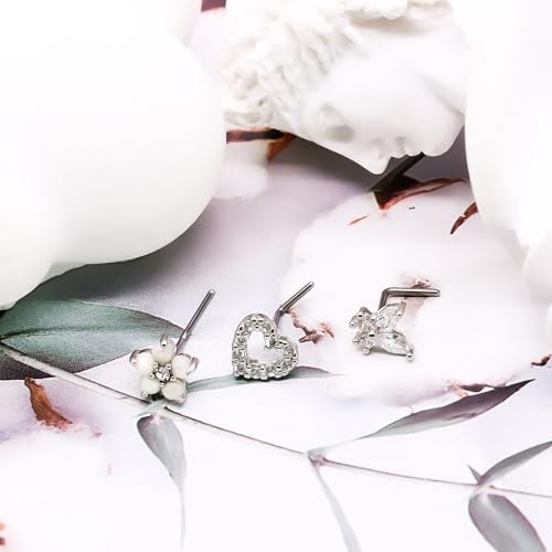 20G 3PCS Nose Ring Studs 316L Heart Nose Rings Nose Studs Butterfly and Flower Nose Stud Surgical Steel CZ L-Shaped Piercing Jewelry - color: Silver
