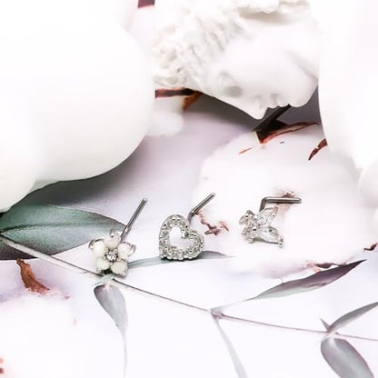 20G 3PCS Nose Ring Studs 316L Heart Nose Rings Nose Studs Butterfly and Flower Nose Stud Surgical Steel CZ L-Shaped Piercing Jewelry - color: Silver