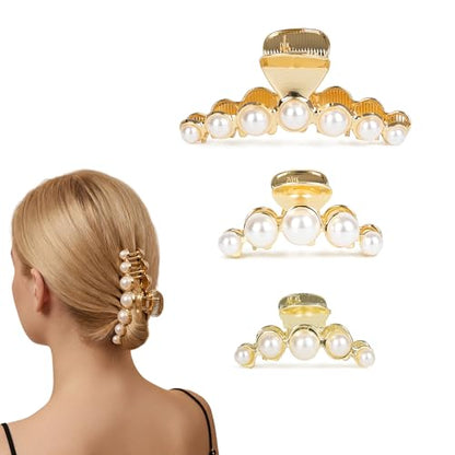 Metal Hair Clips for Women,Strong Hold Large Pearl Claw Clips, Big Non-Slip Hair Catch Barrette Jaw Clamp,Fashion Gold Hair Styling Accessories Valentine's/Mother's Day Gift for Girl Wife(3 PACK)