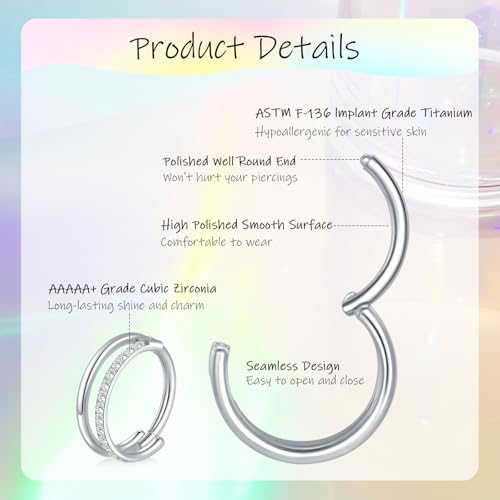 Xpircn ASTM F136 Titanium Double Hoop Septum Click Nose Rings Lip Rook Lobe Tragus Helix Cartilage Daith Conch Earrings Clear CZ Paved Nose Piercing Jewelry for Women Men - color: CZ Double Rings Silver, size: 16G 12mm
