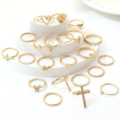 Gold Rings for Women Non Tarnish Stackable Rhinestone Moon Star Rings Dainty Stacking Pearl Butterfly Midi Pinky Thumb Joint Finger Knuckle Ring Set Gold Non Tarnish Jewelry Gifts Trendy Stuff - color: I Gold Stackable Rings 22Pcs