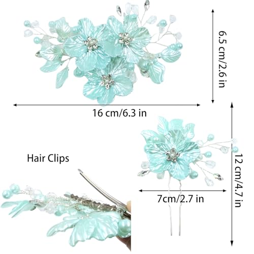 3 PCS Large Flower Bridal Wedding Hair Pins Crystal Pearl Hair Clips Headpiece Bride Hair Accessories Jewelry with Rhinestone, Glitter Emboss Blue Flower - color: Glitter Emboss Blue Flower