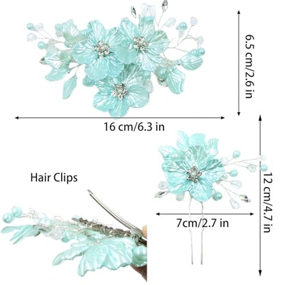 3 PCS Large Flower Bridal Wedding Hair Pins Crystal Pearl Hair Clips Headpiece Bride Hair Accessories Jewelry with Rhinestone, Glitter Emboss Blue Flower - color: Glitter Emboss Blue Flower