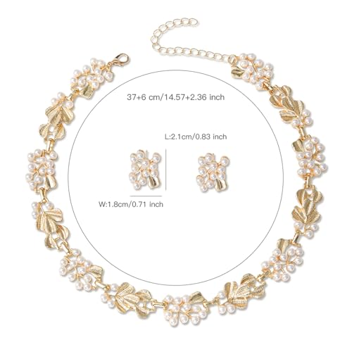 Fashion Bride Silver Gold Plated Black 1920s Leaf Faux Pearls Necklace Earrings Set Wedding Jewelry Set Sparkly Choker Necklace Stud Earrings Set for Women Christmas Gift Set for Women Necklace and Earrings - color: Gold Plated