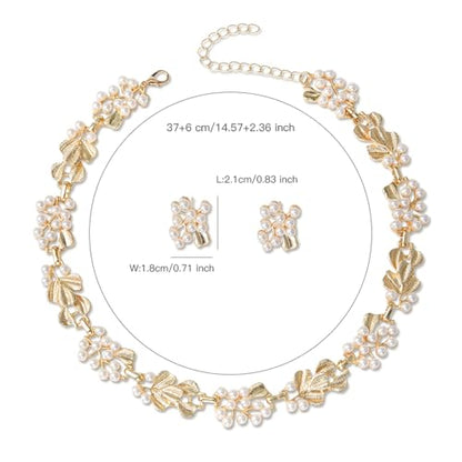 Fashion Bride Silver Gold Plated Black 1920s Leaf Faux Pearls Necklace Earrings Set Wedding Jewelry Set Sparkly Choker Necklace Stud Earrings Set for Women Christmas Gift Set for Women Necklace and Earrings - color: Gold Plated