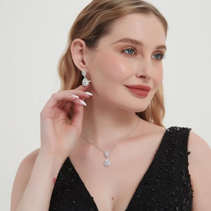 Bridal Jewelry Set for Women, Cubic Zirconia Teardrop Bride Bridesmaid Necklace and Earrings Set for Wedding Prom Formal - color: White Gold
