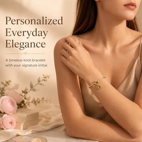 LemonRose Initial Bracelets for Women - Dainty Tie the Knot Letter A-Z 14K Gold Plated for Women Gold Cuff Bracelet for Womens Jewelry Personalized Bridesmaid Proposal Gifts - color: Gold L