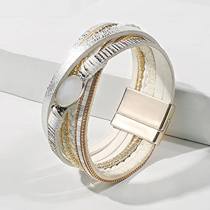 Vercret Leather Wrap Bracelet for Women, Multi-Layer Cuff Bangle | Boho Stacked Bracelets with Safe Clasp Western Bangle Jewelry Gift for Lady and Mom Sister Friend - style: White Leather Bracelet