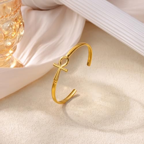 Gold Statement Cuff Bracelet Ankh Cross - Waterproof Stainless Steel Open Bangle Hypoallergenic Egyptian Key of Life Jewelry, Adjustable Protection Amulet for Women Men - color: Gold Minimalist Single Ankh