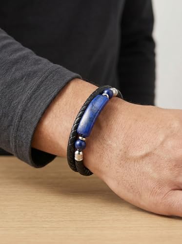 Mens Black Leather Obsidian/Turquoise/Tiger Eye/Red Agate Bracelet–Braided Multi‑Layer Wristband Cuff Bangle Bracelet with Stainless Steel Clasp Gift Jewelry Box Included - color: Style 3: Lapis Lazuli, size: 8.3in(Fits most wrists)