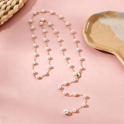 Long Faux Pearl Beaded Y Tassel Lariat Necklace for Women,Boho Dainty Chain Crystal Rhinestone Statement Necklace Fashion Lightweight Jewelry Gifts - color: White