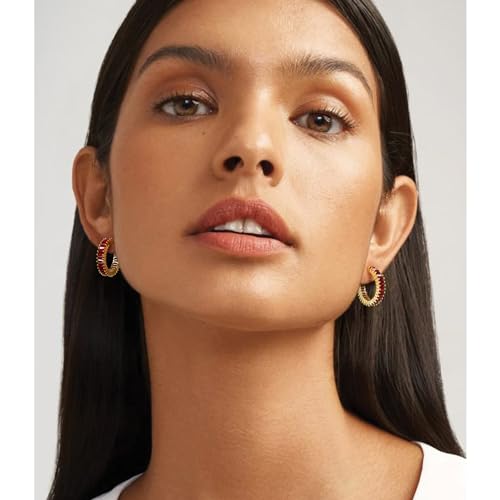 Trendy 14K Gold Plated Hoop Earrings for Women, Chunky Gold/Silver Earrings for Women Cubic Zirconia Baguette Hoop Earrings Heart Hoops Lightweight Hypoallergenic Jewelry,25mm/35mm/40mm/50mm - color: 01 Gold Garnet Hoops 25mm