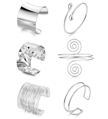 6 Pieces Upper Arm Cuff Arm Band Cuff Bangle Bracelet for Women Hammered Chunky Bracelets Open Wide Wire Bracelets Minimalist Coil Bangle Set Gold Sliver Wrist Cuff Wrap Bracelet Adjustable - color: Silver Cuff Bracelets A