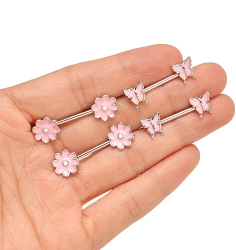 9 Pairs Nipple Rings Stainless Steel Heart Butterfly Moon Flower CZ Barbell Tongue Rings Set Cute Nipplerings Piercing Jewelry for Women Pink Silver Tone - color: A: Pink Tone