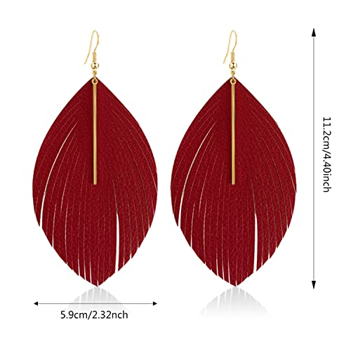 Bohemian Handmade Lightweight Color Large Genuine Soft Leather Fringe Feather Leaf Tear Dangle Drop Earrings for Women Statement - color: Red