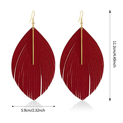 Bohemian Handmade Lightweight Color Large Genuine Soft Leather Fringe Feather Leaf Tear Dangle Drop Earrings for Women Statement - color: Red