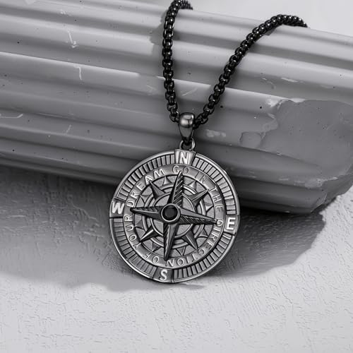 Compass Necklace Sterling Silver Nautical Graduation Gift | 925 Sterling Silver compass pendant with meaningful nautical design, jewelry for women, graduation and travel gift - color: Black-11