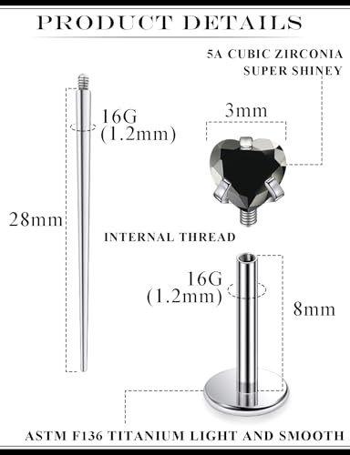 20G 18G 16G Astm F136 Titanium Internal Thread Flat Back Earrings Nose Studs Tragus Helix Conch Cartilage Lobe Earrings Medusa Labret Snake Bite Monroe Lip Ring Piercing Jewelry For Women Men - color: Black, size: 16G-8MM Bar-CZ 3MM