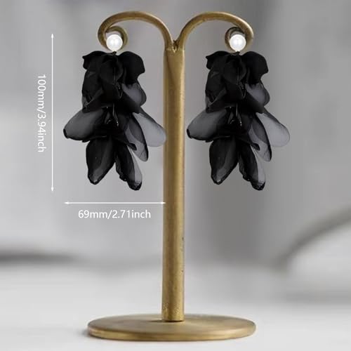 Handmade Bohemian Lightweight Fabric Flower Dangle Drop Earrings Chic Pearl Large Tassel Petal Stud Earrings For Women - color: Black