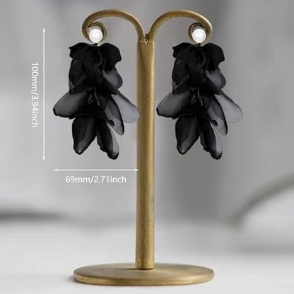 Handmade Bohemian Lightweight Fabric Flower Dangle Drop Earrings Chic Pearl Large Tassel Petal Stud Earrings For Women - color: Black