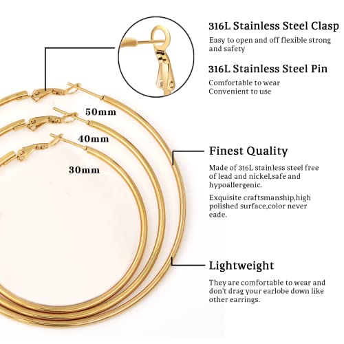 Senteria Large Gold Plated Hoop Earrings for Women Lightweight 316L Stainless Steel Hoop Earrings Set Hypoallergenic Thin Gold Plated Hoop Earrings for Women (30/40/50/60/70MM) 5 Pairs - color: 6pairs(30/40/50mm)-gold+silver