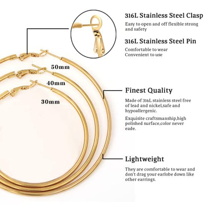 Senteria Large Gold Plated Hoop Earrings for Women Lightweight 316L Stainless Steel Hoop Earrings Set Hypoallergenic Thin Gold Plated Hoop Earrings for Women (30/40/50/60/70MM) 5 Pairs - color: 6pairs(30/40/50mm)-gold+silver