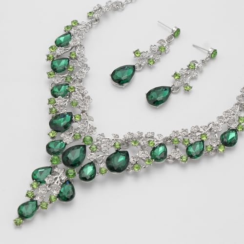 Bridal Bridesmaid Austrian Crystal Jewelry Set, Floarl rhinestone Statement Neckace Teardrop Necklace Drop Dangle Earrings Set - color: Emerald-Silver Tone