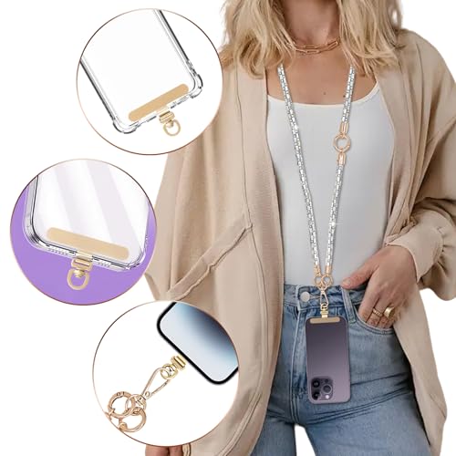Crystal Phone Strap Crossbody Rhinestone Anti Theft Layered Strap Crossbody Gold Metal Buckles Cell Phone Neck for Women (White) - color: White
