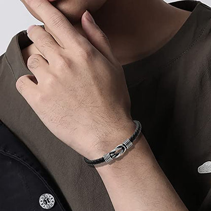 Geoffrey Beene Men's Braided Genuine Leather Knot Bracelet with Stainless Steel Closure - color: Black