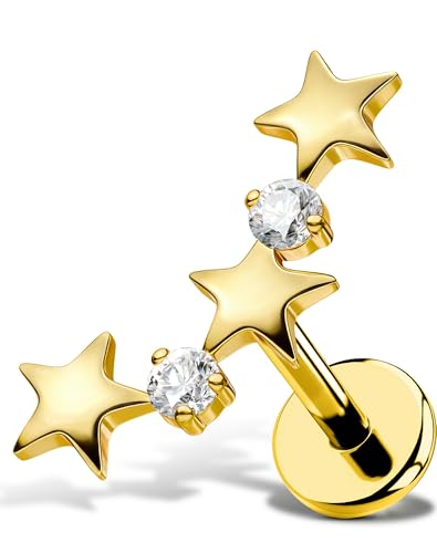 OUFER Body Piercing Star Helix Piercing Jewelry 18G Helix Earrings for Women 318L Stainless Steel Internally Thread Conch Helix Stud Flat Back Cartilage Earring for Women - color: Gold-Clear CZ, size: 1.0*8mm