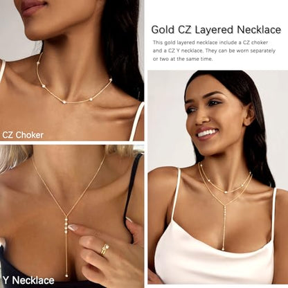Zeffy Lariat Gold Necklace for Women, Dainty Long Necklace 14k Gold/Silver Plated Layered CZ Beaded Bar Chain Y-Shaped Body Chain Stack Drop Wedding Necklace Trendy Simple Gold Jewelry Gifts - color: Gold CZ Layered Y Necklace(2PCS)