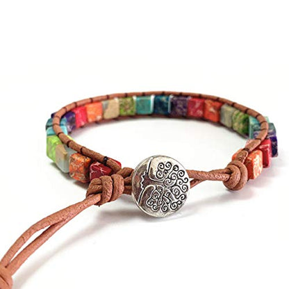 7 Chakra Bracelet Bohemian Handmade Leather Wrap Healing Protection Natural Stone Yoga Beaded Bracelets Boho Friendship Jewelry - color: Chakra 4