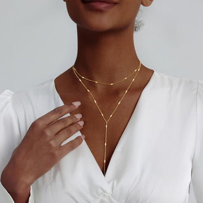 HERIER Lariat Gold Necklace for Women, Dainty Long Necklace 14k Gold Plated/Silver Y-Shaped Layered Beaded Chain Drop Necklaces for Women Trendy Simple Gold Jewelry for Women Gifts - color: Y Layered Bar-Gold