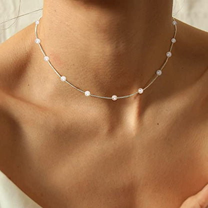 Gold Pearl Necklace For Women - 14K Gold Plated Layered Herringbone Chain Pearl Necklace, Trendy Simple Gold Jewelry Gift - color: Satellite Pearl-Silver
