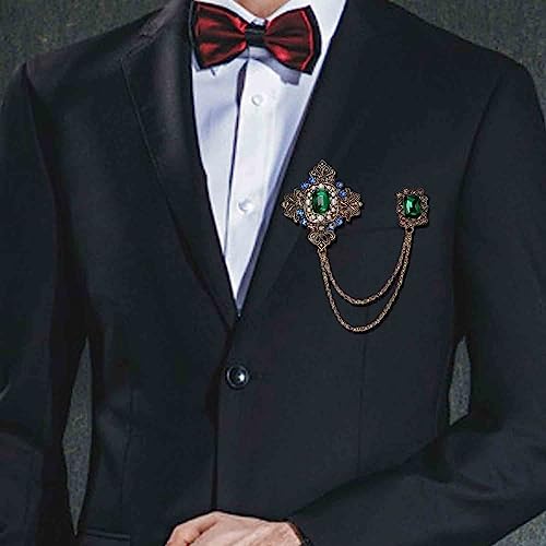 Retro 14k Gold Plated Chain Green Crystal Brooches Collar Pins Crystal Rhinestone With Hanging Chain Suit Shirt Lapel Brooch Pin Fashion Jewelry for Men Boy (Green Rectangle)
