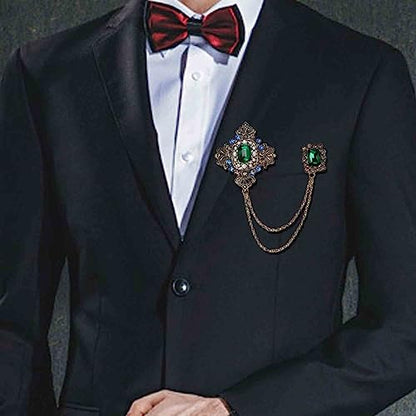 Retro 14k Gold Plated Chain Green Crystal Brooches Collar Pins Crystal Rhinestone With Hanging Chain Suit Shirt Lapel Brooch Pin Fashion Jewelry for Men Boy (Green Rectangle)