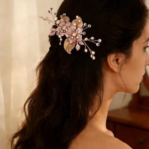 Flower Leaf Design Wedding Hair Comb, Metal Bridal Hair Accessory with Rhinestone, Wedding Prom Hair Clip Headpiece for Women (Gold Flower Leaf) - color: Gold Flower Leaf