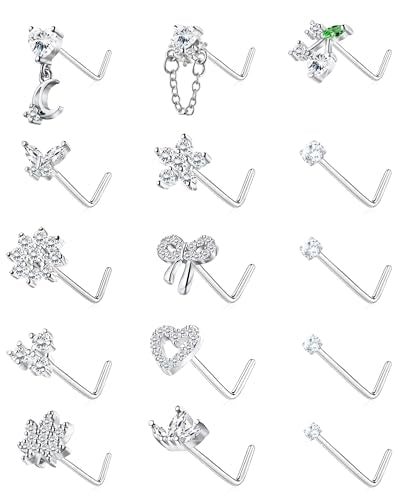 BSJ4U Nose Rings L Shaped for Women Nose Piercings 20G Surgical Stainless Steel Nose Studs CZ Heart Butterfly Flower Cherry Bow Moon Dangle Nose Piercing Jewelry - color: Silver Clear Nose Rings
