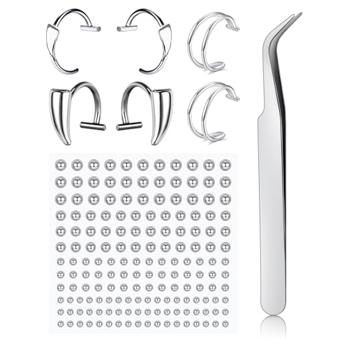 Fake Eyebrow Ring Fake Lip Labret Studs Replacement Balls Spike with 100pcs Sticker Non-Piercing Body Jewelry Fake Skin Piercing - color: C1 -Silver