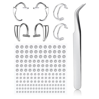 Fake Eyebrow Ring Fake Lip Labret Studs Replacement Balls Spike with 100pcs Sticker Non-Piercing Body Jewelry Fake Skin Piercing - color: C1 -Silver
