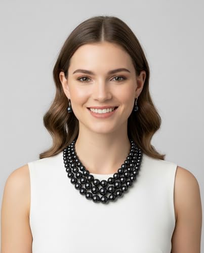 Fashion 21 Women's Faux Pearl Three Multi-Strand Statement Necklace and Earrings Set - color: Dark Grey
