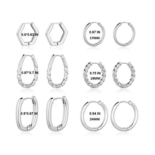 Wgoud 6 Pairs Chunky Gold Hoop Earrings for Women, 14K Gold Plated Hoop Earrings Hypoallergenic, Thick Lightweight Twisted Huggie Hoops Earring Set for Women’s Jewelry GIfts - color: 6 Pairs Silver