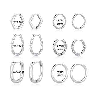 Wgoud 6 Pairs Chunky Gold Hoop Earrings for Women, 14K Gold Plated Hoop Earrings Hypoallergenic, Thick Lightweight Twisted Huggie Hoops Earring Set for Women’s Jewelry GIfts - color: 6 Pairs Silver