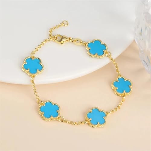 14K Gold-Filled Clover Necklace For Women - Classic Five-Leaf Flower Set Bracelet Necklace Earrings Jewelry Set, Five Leaf Clover Necklaces Dainty Lucky Clover Jewelry - color: Blue - Clover Necklace