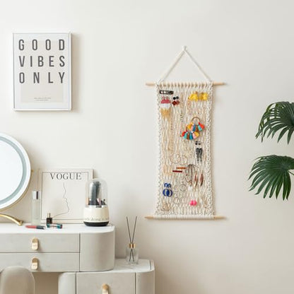 Hanging Jewelry Mesh Organizer with 20 Pieces S Shape Hooks | Macrame,Wall Mounted,Necklaces Storage,Earring Display Rack,Girls Hair Clips Hanger,for Bracelets and Rings, Beige - color: beige