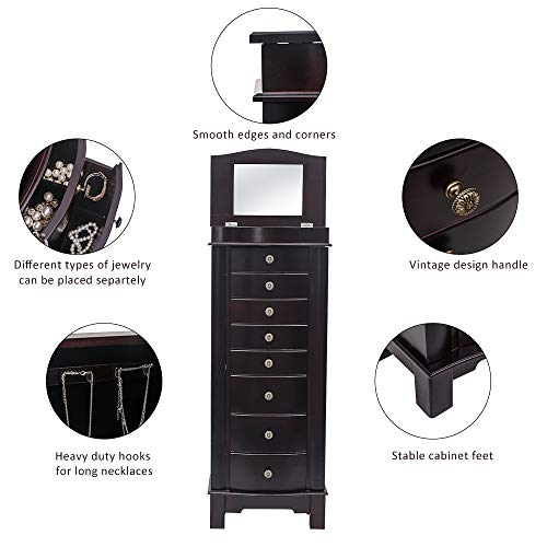 Vasitelan Standing Jewelry Armoire Cabinet Chest Jewelry Armoire with 8 Drawers,Jewelry Box Storage Organizer with Mirror, Retro Standing Wood Jewelry Cabinet - color: Style 2