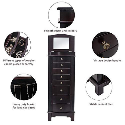 Vasitelan Standing Jewelry Armoire Cabinet Chest Jewelry Armoire with 8 Drawers,Jewelry Box Storage Organizer with Mirror, Retro Standing Wood Jewelry Cabinet - color: Style 2