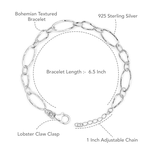 LeCalla 925 Sterling Silver Hammered Link Bracelets for Women | Handmade Bohemian Textured Chain & Oval Link Bracelet | Women's Adjustable Paperclip, Circle & Oval Hammered Bracelets - color: Oval Link