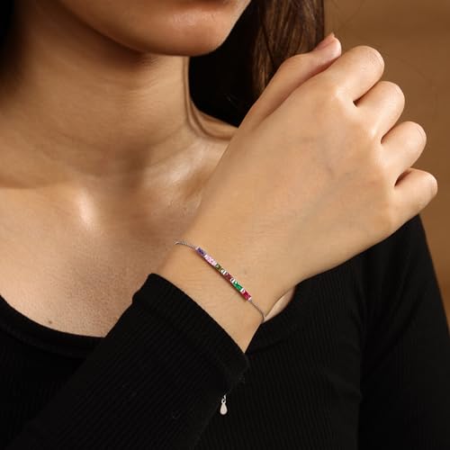 Sterling Silver Personalized 1-6 Birthstone Bracelet for Women Mothers Day Bracelet for Mom Daughter Custom Dainty Jewelry for Christmas Birthday Gift Ideas - style: Silver-1 stone