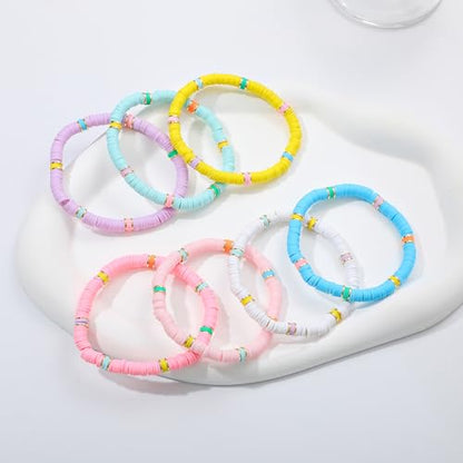 Summer Surfer Heishi Bracelet Set for Women Stackable Gold Plated Clay Ploymer Bead Stretch Pink Beach Layering Bracelets Jewelry - color: B-A5 cross 7pcs